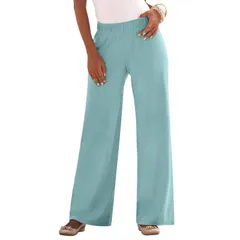 ロアマンズ レディース ボトムス カジュアルパンツ ワイドレッグ プラスサイズ ニット Roamans Womens Plusize PullOn Wide Leg Soft Knit Pant Cool Sage セージ