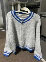 グレー ブルー ストライプ ジップアップ カーディガン