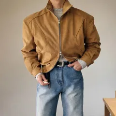 メンズ 肩パッド ハイネック スウェード クロップド ジャケット 3COLOR