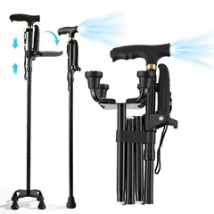 【新着商品】男女用 軽量 伸縮式 LED照明ライト付き 8296cm 5段調整可 ステッキ 足ベース交換可 多機能ステッキ 折りたたみ杖 介護 高齢者 杖 歩行補助杖のサムネイル