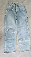 ライトブルー デニム ワイド ダメージデニム パンツ S