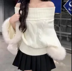 新品/*即日発送* セクシー ファー ニット オフショルダー トップス 長袖 アイボリー