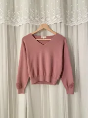 ディープピンク Vネック ニット Tシャツ DARK PINK ピンク レース POINT 日本 ヴィンテージ