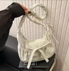 リボン結びシャーリングショルダーバッグ アイボリー