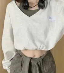 Vネック クロップド 長袖 Tシャツ アイボリー