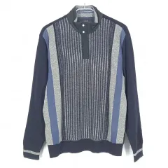 DAKS メンズ 防風 ウール100 バイカラー ニットTシャツ ネイビー (HU42474)のサムネイル
