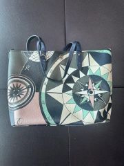 TORY BURCH 希少 ネイビー系 カーキ レザー トートバッグ コンパス柄 