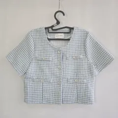 0579 ジュエリーボタン ツイード 半袖 ジャケット ブルー フリーサイズ