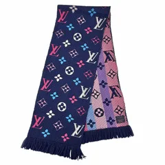 美品◇LOUIS VUITTON ルイヴィトン M70899 エシャルプ ロゴマニア ウール シルク フリンジ付 マフラー ネイビー マルチ イタリア製 レディース