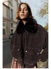 ZARA ザラ オーバサイズ フェイク ファー ラペル ブルゾン ジャケット S スウェード