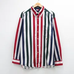 XL/古着 トミーヒルフィガー 長袖 ブランド シャツ メンズ 90年代 90s ワンポイントロゴ 大きいサイズ ロング丈 コットン ボタンダウン 白他 ストライプ 26apr08