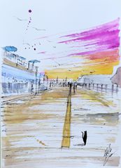 原画#502 黒猫 猫 ロサンゼルス 水彩画 ドローイング インテリア 風景