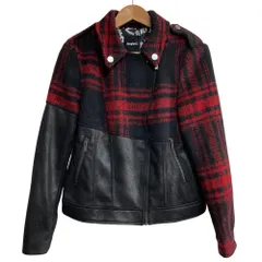 美品 Desigual デシグアル チェック切替ライダーズジャケット サイズM レッド ブラック レディース 古着 中古 USEDのサムネイル