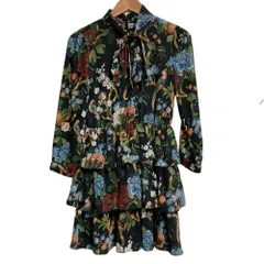 美品 alice＋olivia アリスオリビア フラワープリント ボウタイ ティアードワンピース ブラック レディース 古着 中古 USEDのサムネイル
