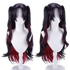 耐熱コスプレウィッグ 二番目の城 ブラック 黒髪 & 赤 ツインテール バンス付き 変装 cosplay wig +おまけ5点 専用ネットと櫛付 ヘアピンとメモパッド付