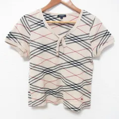 良品 BURBERRY LONDON バーバリーロンドン ノバチェック リボン ショートスリーブ ニットカットソー サイズ2 ベージュ レディース 古着 中古 USED