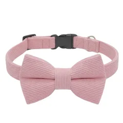 新品 THAIN 犬用首輪 蝶ネクタイ付き コーデュロイ ソフト 通気性 調節可能 プラスチックバックル 小型中型大型犬用首輪 (ピンク L)