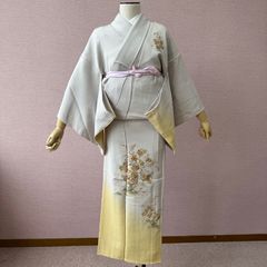 着物リメイク 訪問着 単衣 紬地 枝花文 金彩正絹から作務衣股下75cm