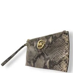 マイケルコース MICHAEL KORS ポーチ クラッチバッグ セカンドバッグ 小物入れ パイソン柄 型押し レザー 本革 ゴールド金具 ロゴプレート モノグラム ストラップ付 レディース カバン 鞄 アクセサリーポーチ コスメポーチ エレガント H4