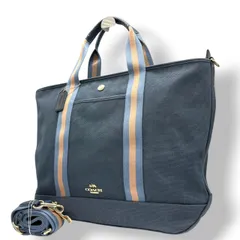 【極美品】コーチ COACH 2WAY トートバッグ ショルダーバッグ キャンバス レザー ネイビー ブルー 青 ストライプ 馬車ロゴ ゴールド金具 A4収納可 大容量 斜め掛け可 自立可 男女兼用 カジュアル 通勤 通学 旅行 レジャー s21