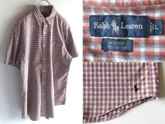 希少 00sビンテージ Ralph Lauren ラルフローレン HERITAGE 裾ポニー ロゴ刺繍 半袖 チェックシャツ BDシャツ L オレンジ グレー 国内正規