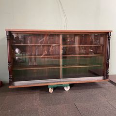 Large antique glass cabinet, 174cm wide, display case, china cabinet, wooden frame, glass case.