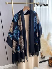 アクセサリー レディース スカーフ 1個 女性用 秋冬 フェイクカシミア 刺繍スカーフ、厚手 暖かい タッセル付き ボヘミアン調 トラベルショール ポンチョ ドレス用