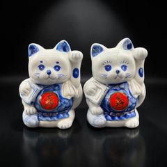 【美品・レア】親子の招き猫 白猫 陶器製 縁起物 ヴィンテージ 昭和レトロ 希少・染付】招き猫 置物 親子 二体 陶器 青白 縁起物 インテリア