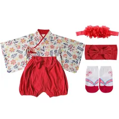 【新品】 [SLINX] 赤ちゃん ベビー服 フォーマル 浴衣 着物 和装 衣装 4点セット 袴セット ヘア飾り 可愛い 初節句 記念撮影 雛祭り 端午の節句 100日祝い 靴下付き ベビー 袴 キッズ 袴風 出産祝い ベビー袴 HF026T (レッド, 0