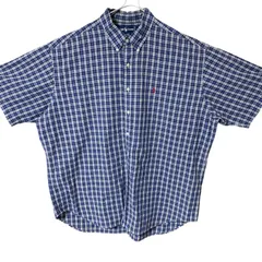CHM Ralph Lauren 半袖シャツ チェック柄 BDシャツ コットン100% ワンポイント刺繍 ポニー ネイビー系 2XLサイズ ビッグシルエット メンズ レディース ユニセックス 古着