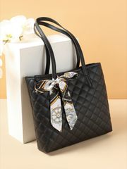 Women's Shoulder Bag with Ribbon Embellishment, Geometric Pattern Quilted Skinny Scarf Decoration Square Bag, Trendy Ribbon Women's Wallet