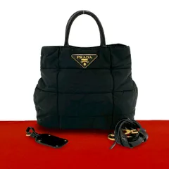 極 美品 PRADA プラダ 三角ロゴ金具 キルティング ナイロン レザー 本革 2way ハンドバッグ トートバッグ ショルダーバッグ ブラック 53067