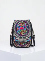 バッグ レディース ショルダーバッグ ビンテージ レディース 刺繍クロスボディ バッグ、スモール キャンバス ショルダー バッグ、スタイリッシュなジッパー電話バッグ