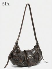 バッグ レディース ショルダーバッグ 軽量 ポータブル ビンテージ ショルダーバッグ(レディース):パンク&ゴシック Y2Kスタイル ビーガンレザー オートバイ型 リベット付き、メタルチェーン&調節可能なストラップ