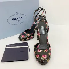 PRADA プラダ 花柄 パンプス サンダル シューズ パテント エナメル チャンキーヒール レディース サイズ37 1/2 ブラック 靴 DF18799■