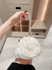 バッグ レディース ドレスバッグ 華やかな花柄 イブニングバッグ、人工パールハンドルとチェーン、フォーマル、プロム、ディナーに最適、ロマンチックな白のウェディングパース、パーティーやウェディング、プロム、ディナー/