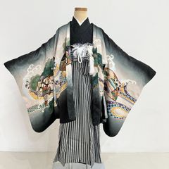 七五三☆男児 羽織 着物 袴セット☆3歳 ☆黒☆古典☆ 小物付き u-310