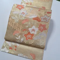 【夏帯・絽・袋帯】　夏袋帯　正絹　ゴールド地に秋草紋様　る01S03a