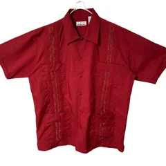 CHM キューバシャツ 刺繍デザイン 半袖 レッド 4ポケット 開襟風 ポリコットン ビッグサイズ 2XL オーバーサイズ メンズ レディース ユニセックス 古着