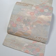 C◇着物くつろぎ 美品 夏物 霞に花 銀糸 菊 六通 正絹 薄物 絽 紗 袋帯 