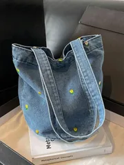 バッグ レディース ショルダーバッグ ヴィンテージデニム フローラル刺繍 多機能ショルダーバッグ、学生用ランチバッグ、レディース バケットバッグ