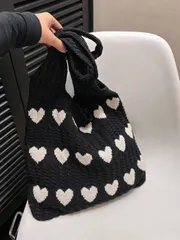 バッグ レディース ショルダーバッグ 1個 ハート柄コントラストカラー かぎ編みトートバッグ、大容量ファッション ショルダー ビーチバッグ、通勤などに使えるバーサタイル