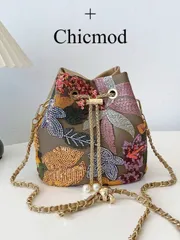バッグ レディース ショルダーバッグ 1個 カラフルなフローラル&リーフ刺繍リネンバケツバッグ、ホリデースタイルの新作ショルダーバッグ、ファッション性の高いチェーン付きクロスボディバッグ、ショッピング、財布、若い女