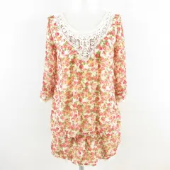 ワンウェイ one way ミニワンピース チュニック 七分袖 シフォン 花柄 ピンク F *A17