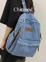 バッグ レディース バックパック レター アップリケ ジッパー バックパック、ウォッシュ加工軽量デニムブルーバックパック、ファッショナブルな無地アウトドア通勤デイリーバックパック、大容量ラップトップバッグ、スクール