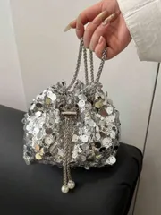 バッグ レディース ドレスバッグ 1個 ゴールドラメ入り 巾着式 ストラップ、装飾的なカラフルビーズ付き レディースバケツ型ショルダーバッグ、パーティードレス、卒業式ガウン、ラメドレス、エレガントドレスなどのファッ