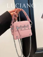 バッグ レディース ハンドルバッグ 女性用バッグ、ピンク、リベットチェーンハンドバッグ、パンクスタイルリベットチェーンバッグ、ホットガールモーターサイクルクロスボディバッグ、ストリートフォトグラフィーリベットミニバ