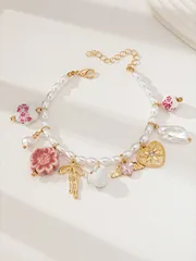 ジュエリー レディース ブレスレット 1個 セラミック リボン&ハート ペンダントビーズブレスレット、フェイクパールストランドブレスレット、ベーシックビーズペンダントブレスレット、女性向け、バレンタインデー、母の日