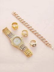 Men's Watch Set: 1 Quartz Watch with Rhinestone Decoration & 4 Jewelry Pieces