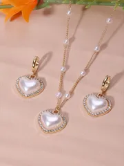 ジュエリー レディース セット ハート型フェイクパール ジュエリーセット ネックレス&ピアス シャイニーラインストーン装飾 エレガントなジュエリーセット バレンタイン